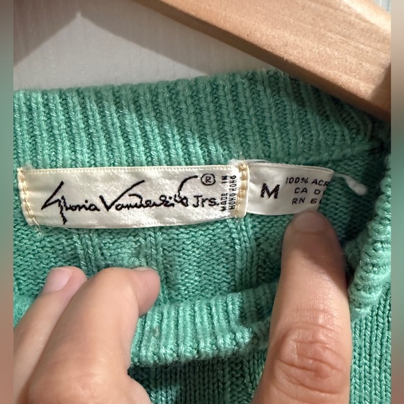 VTG Gloria Vanderbilt Mint Cable Knit Crewneck Fisherman Apres Ski Sweater - Picture 2 of 5